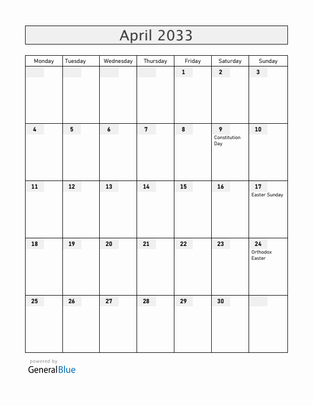 Kosovo April 2033 Calendar with Holidays