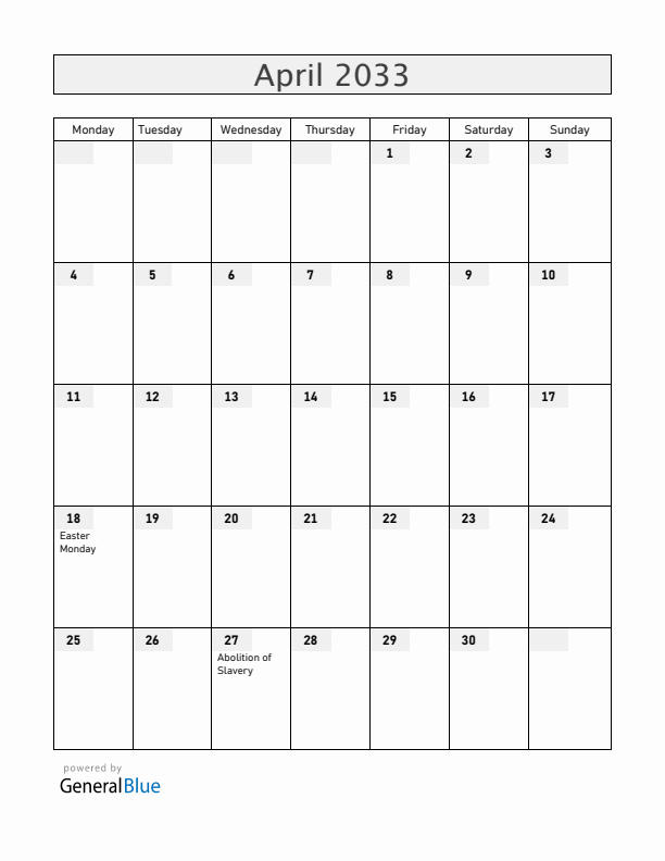 Mayotte April 2033 Calendar with Holidays