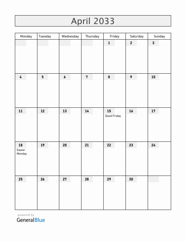 Zambia April 2033 Calendar with Holidays