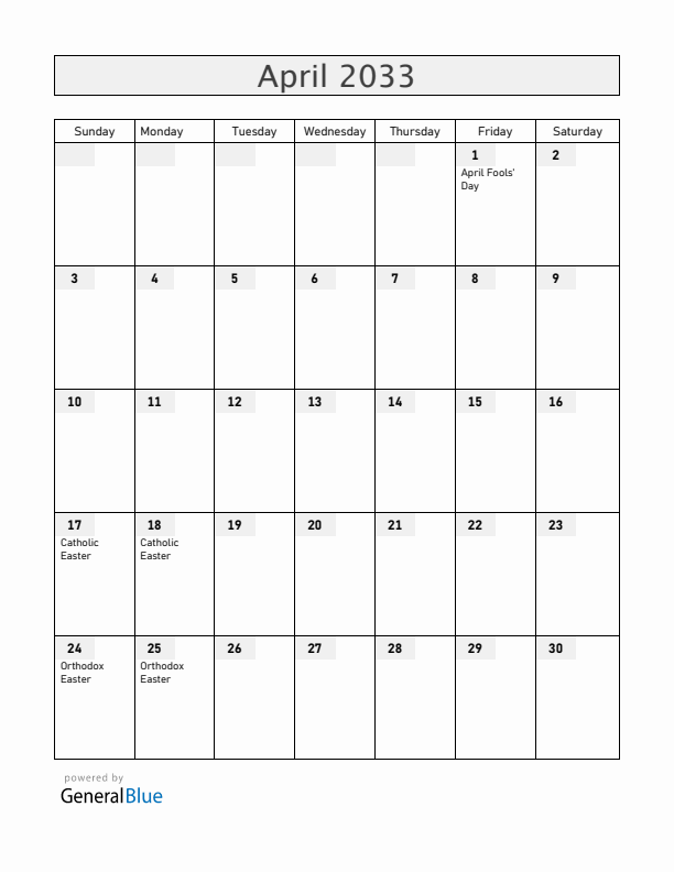 Albania April 2033 Calendar with Holidays