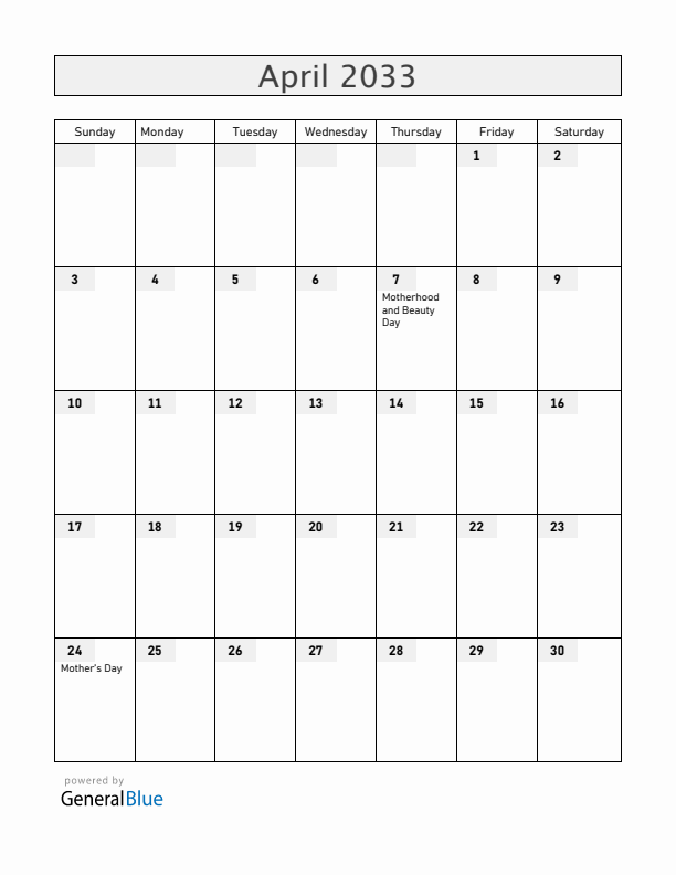 Armenia April 2033 Calendar with Holidays