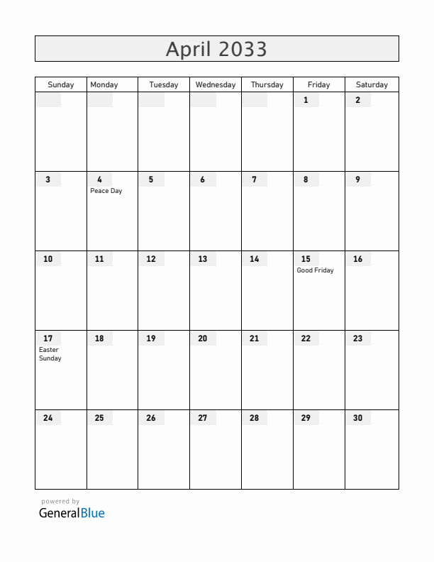 Angola April 2033 Calendar with Holidays