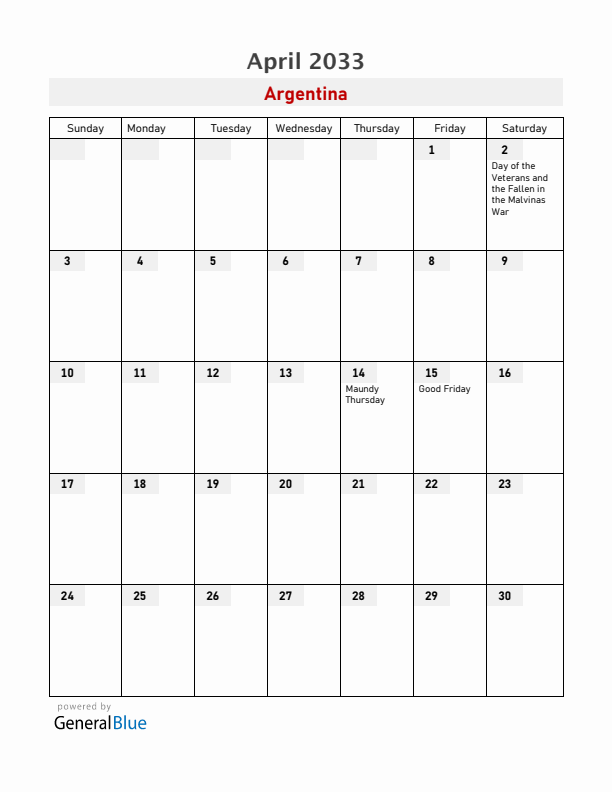 Argentina April 2033 Calendar with Holidays