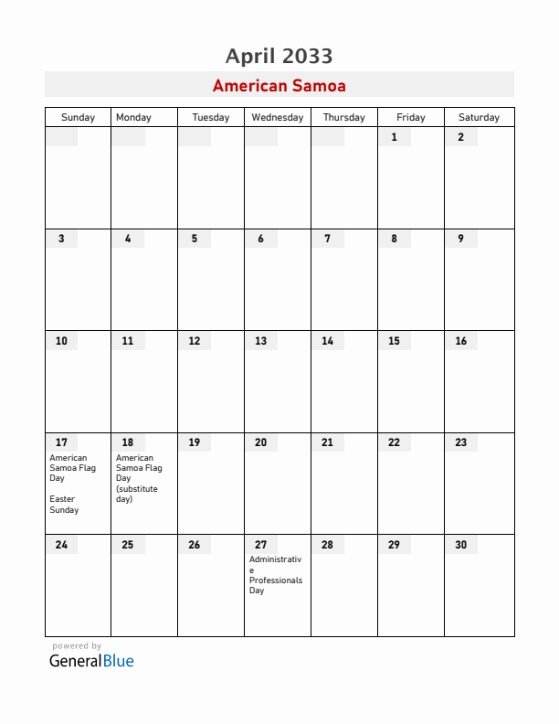 American Samoa April 2033 Calendar with Holidays
