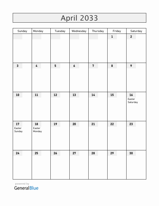 Austria April 2033 Calendar with Holidays