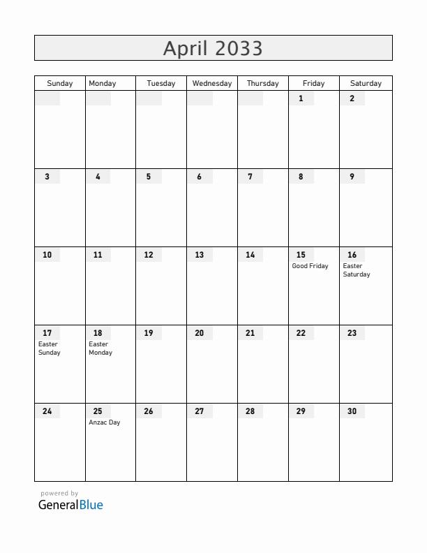 Australia April 2033 Calendar with Holidays