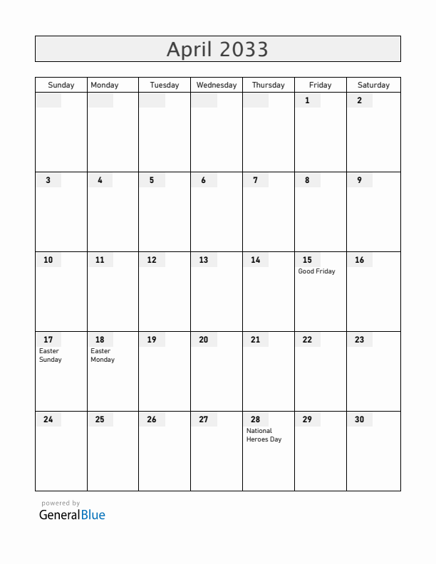 Barbados April 2033 Calendar with Holidays