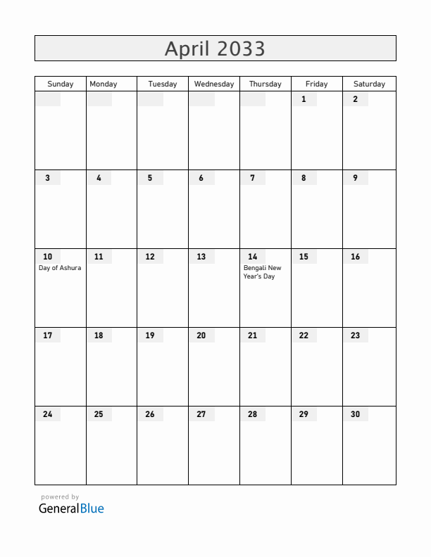 Bangladesh April 2033 Calendar with Holidays