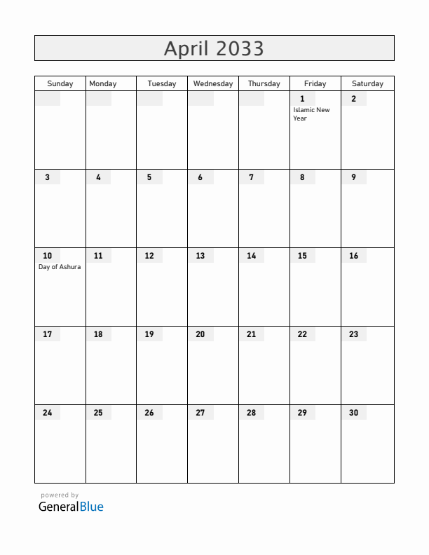 Bahrain April 2033 Calendar with Holidays
