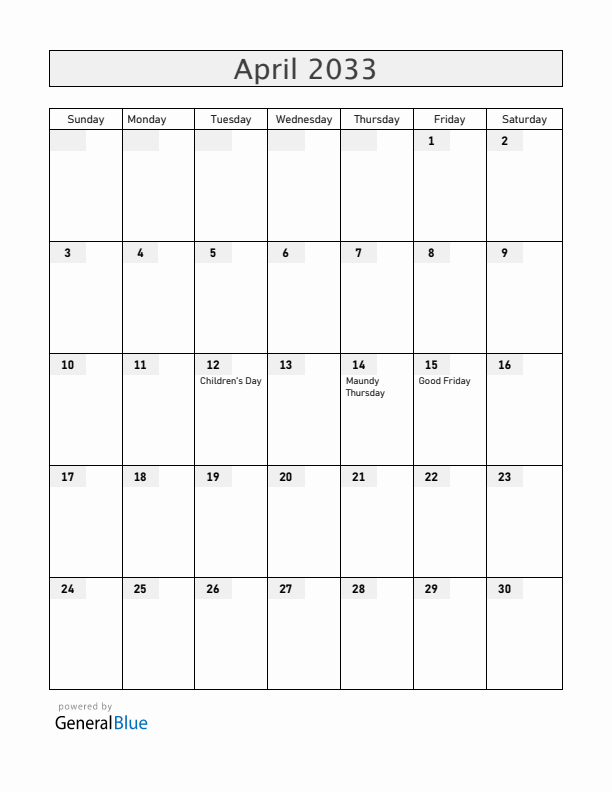 Bolivia April 2033 Calendar with Holidays