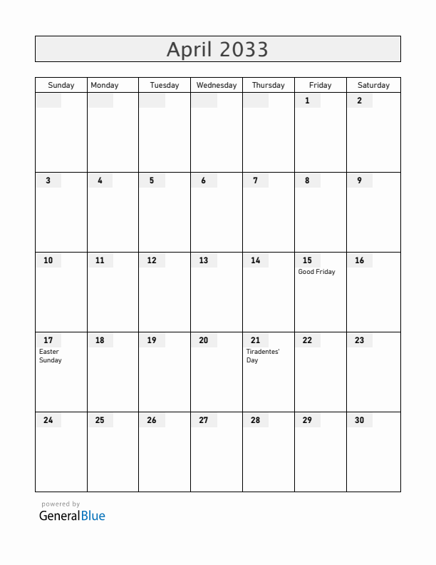 Brazil April 2033 Calendar with Holidays