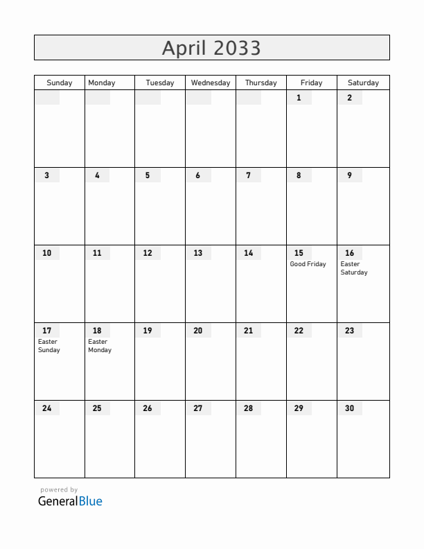 Belize April 2033 Calendar with Holidays