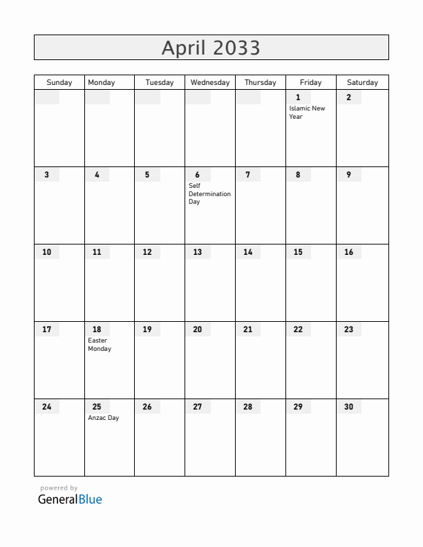 Cocos Islands April 2033 Calendar with Holidays