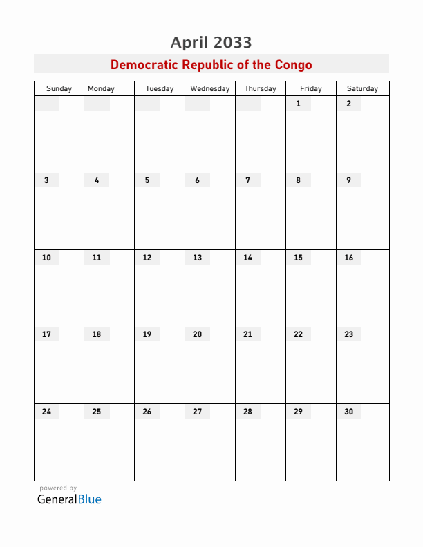 Democratic Republic of the Congo April 2033 Calendar with Holidays