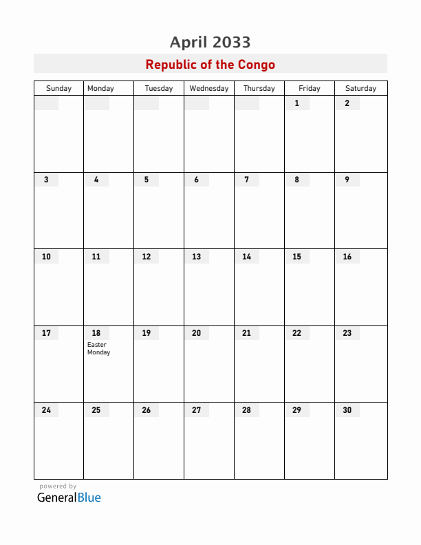 Republic of the Congo April 2033 Calendar with Holidays