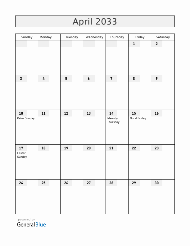 Colombia April 2033 Calendar with Holidays