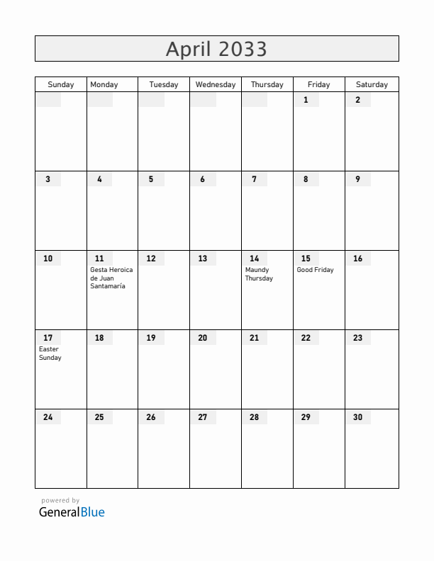 Costa Rica April 2033 Calendar with Holidays