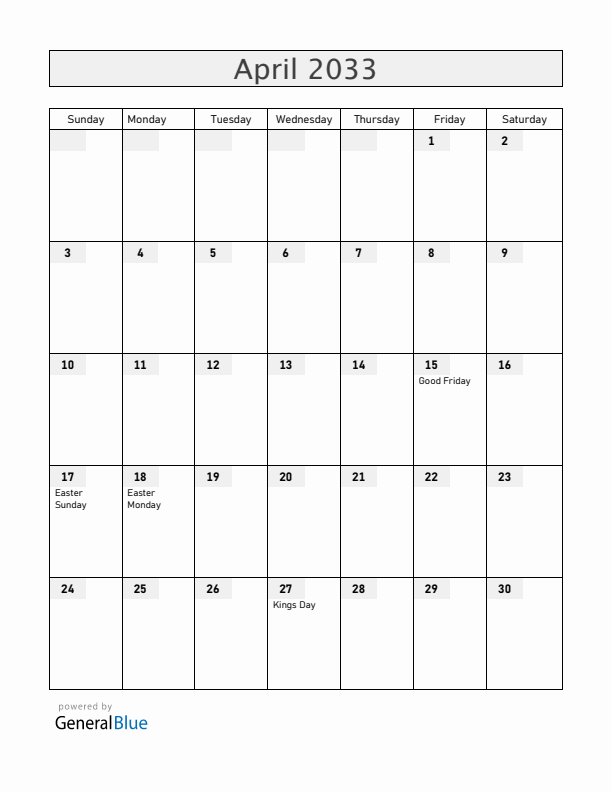 Curacao April 2033 Calendar with Holidays