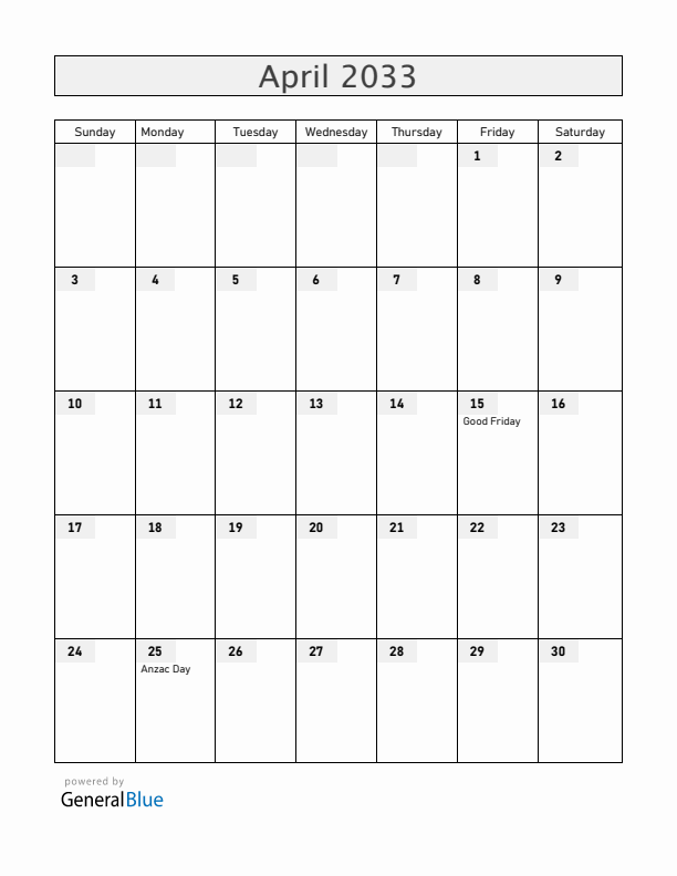 Christmas Island April 2033 Calendar with Holidays