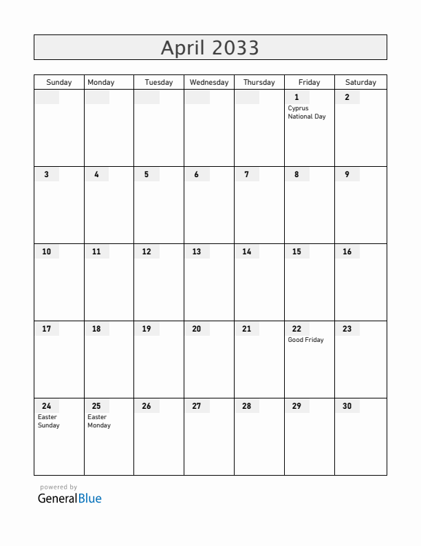 Cyprus April 2033 Calendar with Holidays