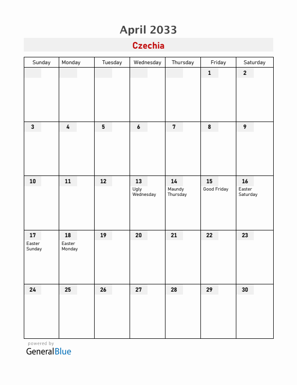 Czechia April 2033 Calendar with Holidays