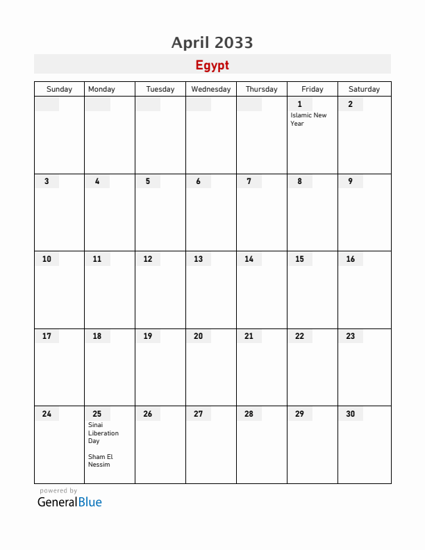 Egypt April 2033 Calendar with Holidays