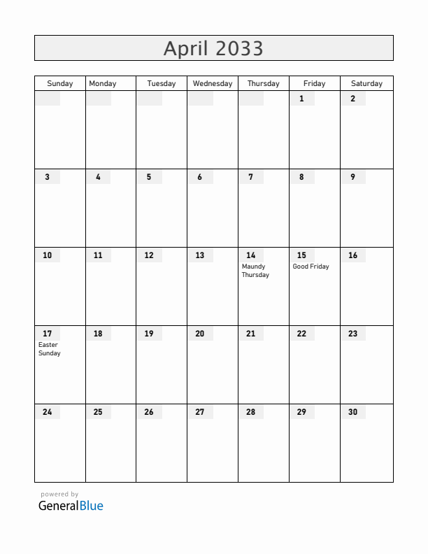 Spain April 2033 Calendar with Holidays