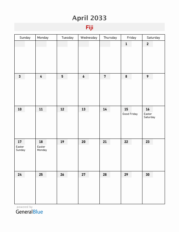 Fiji April 2033 Calendar with Holidays