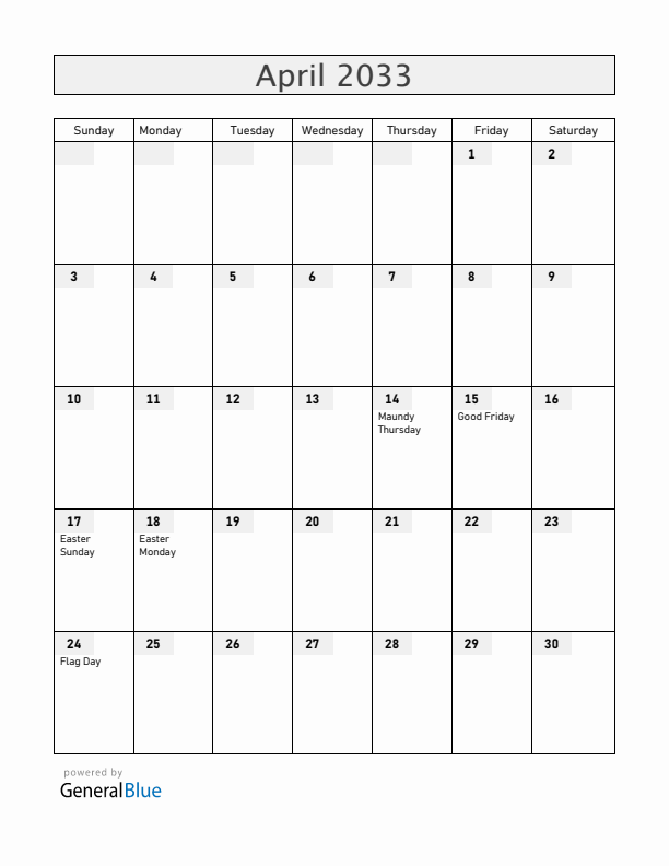 Faroe Islands April 2033 Calendar with Holidays