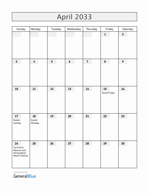 Grenada April 2033 Calendar with Holidays