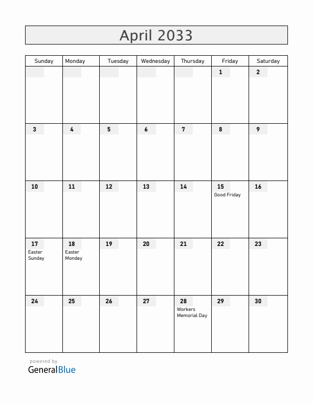 Gibraltar April 2033 Calendar with Holidays