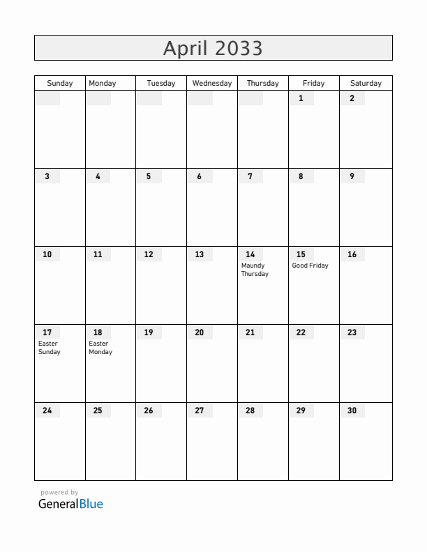 Greenland April 2033 Calendar with Holidays