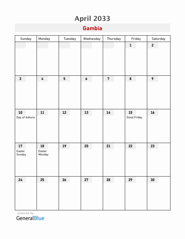 Gambia April 2033 Calendar with Holidays
