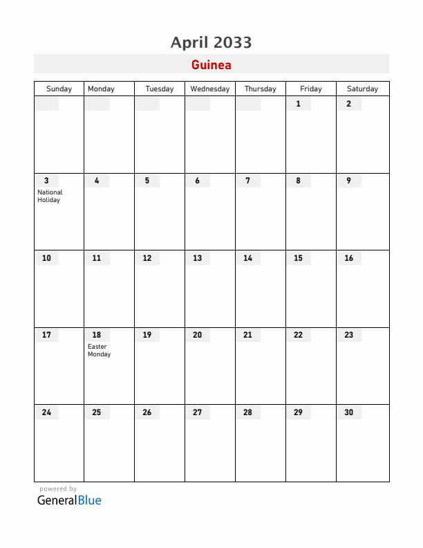 Guinea April 2033 Calendar with Holidays