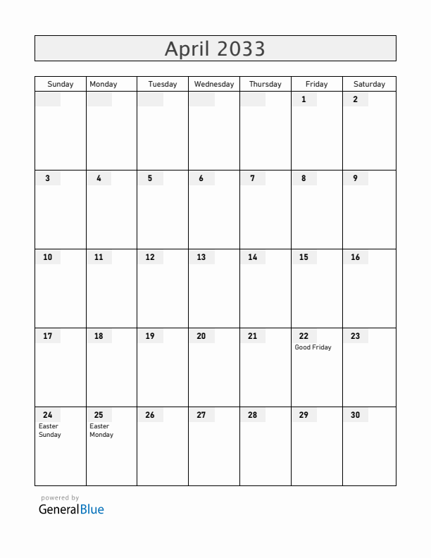 Greece April 2033 Calendar with Holidays