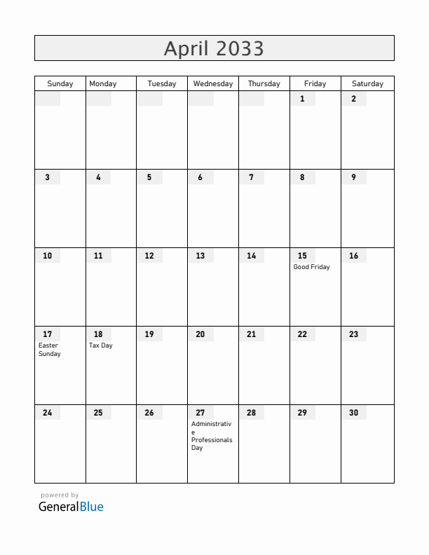 Guam April 2033 Calendar with Holidays