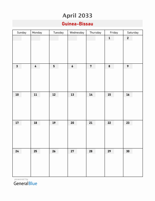 Guinea-Bissau April 2033 Calendar with Holidays