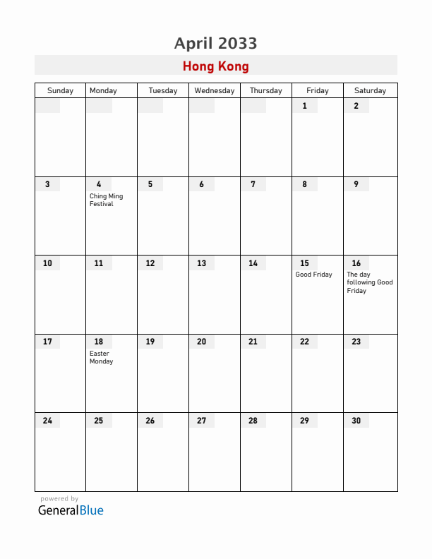 Hong Kong April 2033 Calendar with Holidays