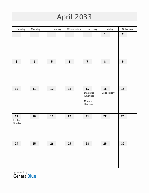 Honduras April 2033 Calendar with Holidays