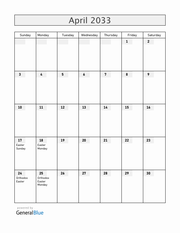 Croatia April 2033 Calendar with Holidays