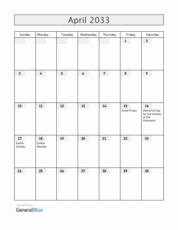 Hungary April 2033 Calendar with Holidays