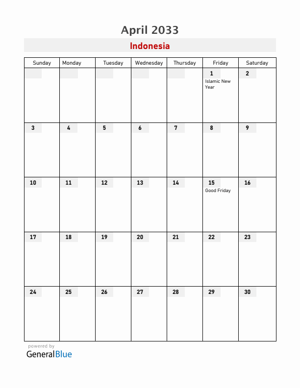 Indonesia April 2033 Calendar with Holidays