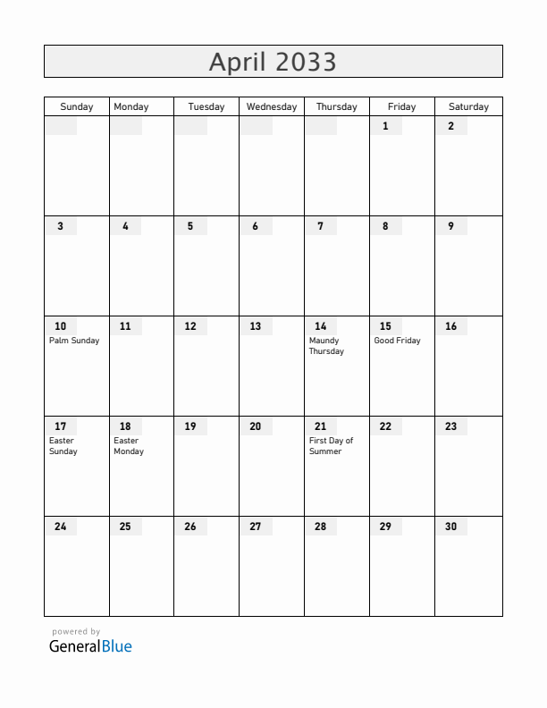 Iceland April 2033 Calendar with Holidays
