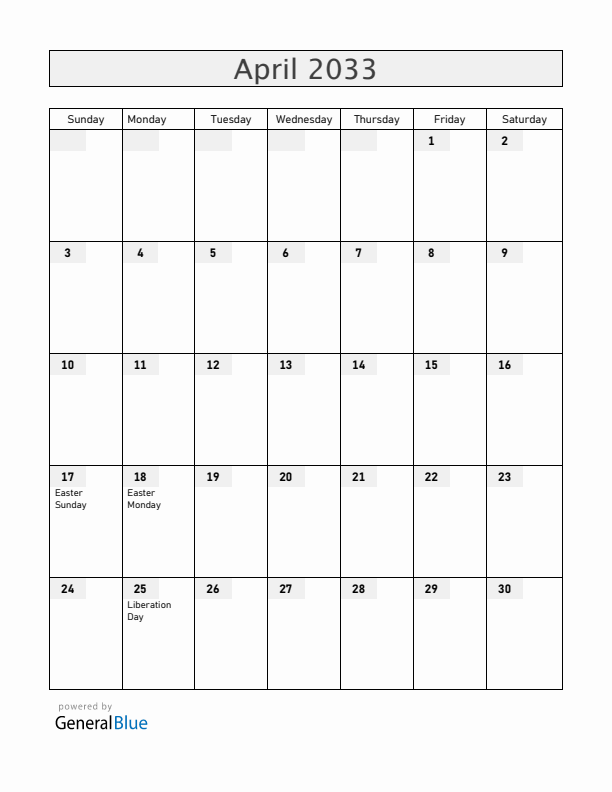 Italy April 2033 Calendar with Holidays
