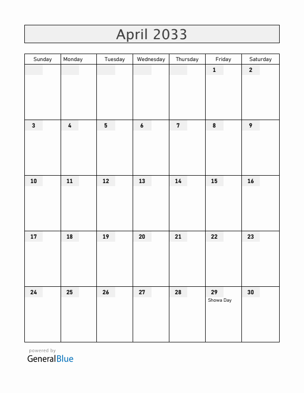 Japan April 2033 Calendar with Holidays