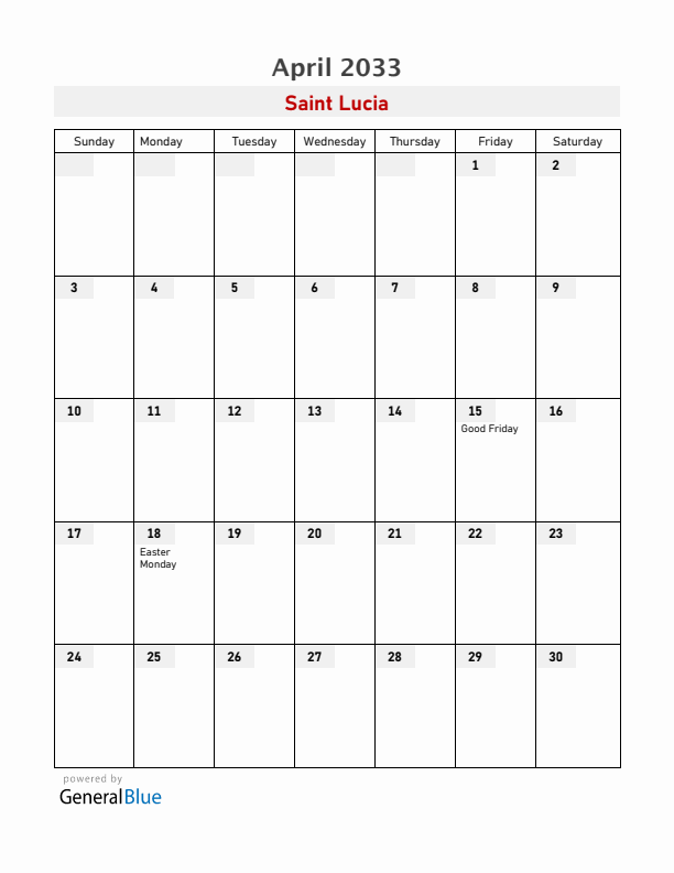 Saint Lucia April 2033 Calendar with Holidays