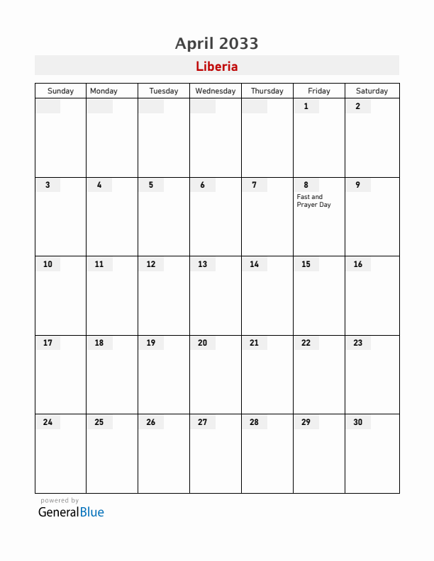 Liberia April 2033 Calendar with Holidays
