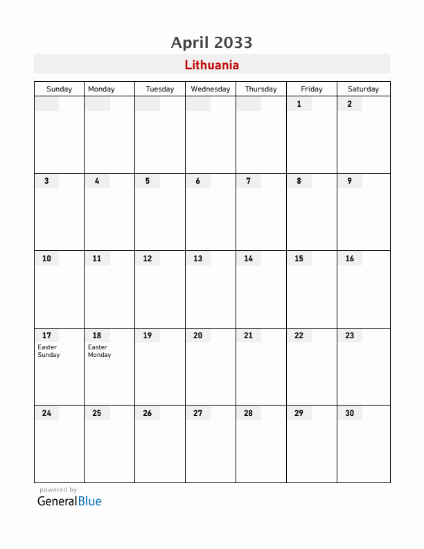Lithuania April 2033 Calendar with Holidays