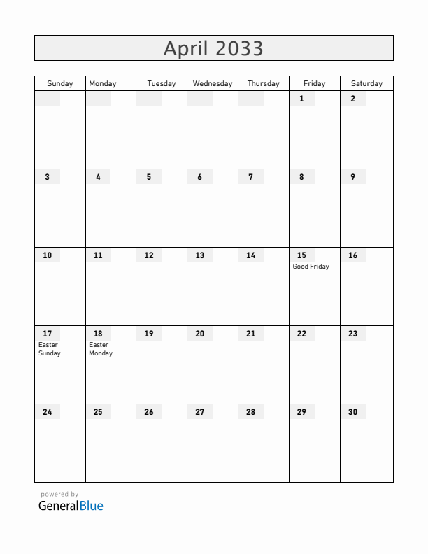 Luxembourg April 2033 Calendar with Holidays