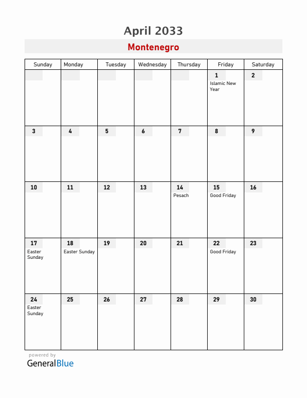 Montenegro April 2033 Calendar with Holidays